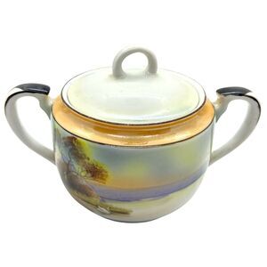 Noritake Lusterware Sugar Bowl White Glossy Finish Hand Painted Landscape Nature